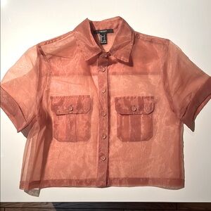 Forever 21 Coral Sheer Organza Cropped Blouse